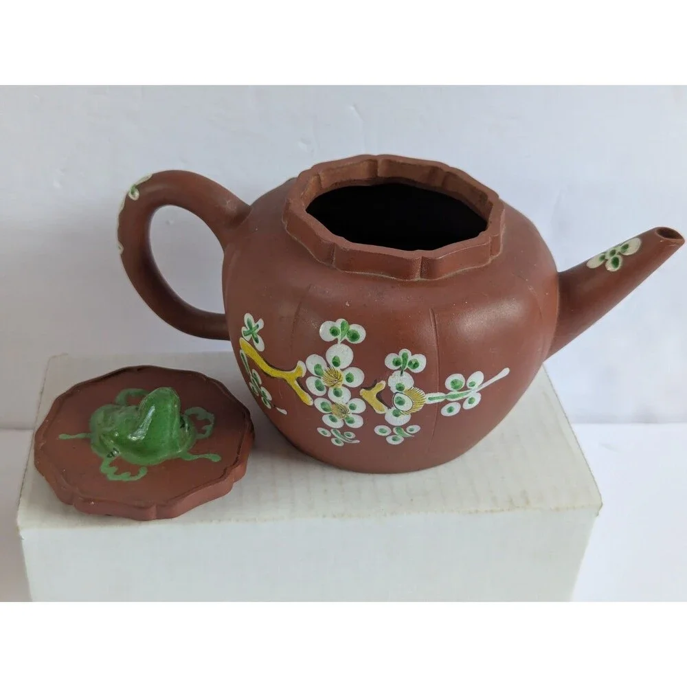 Vtg Yixing Zisha Clay Teapot W/ Enamel Floral & Bird Design 5